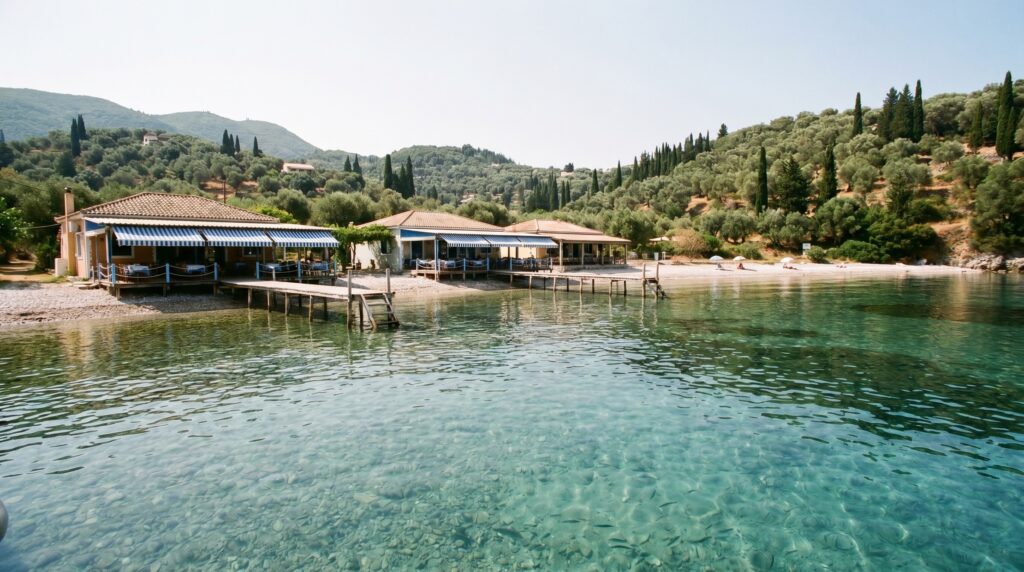 Agni Bay tavernas and jetties Corfu - SeaDreamers Agni Bay on Corfu northeast coast with waterfront tavernas and jetties seen from a boat