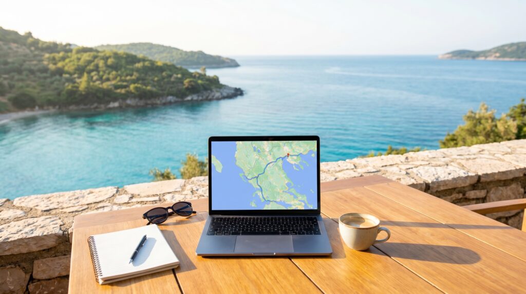 Planning a boat tour on a terrace overlooking the Ionian sea