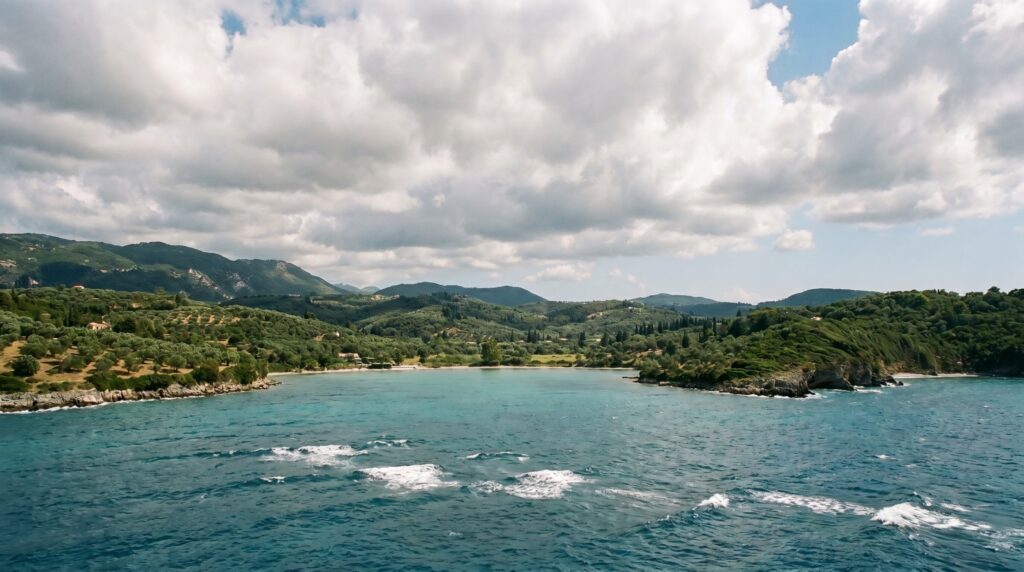 Open Ionian water with light whitecaps and a calm sheltered bay near Corfu