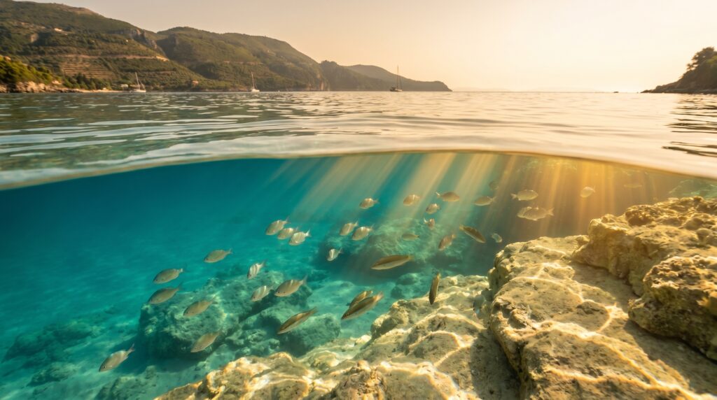 Clear warm Ionian water with sun rays in September near Corfu