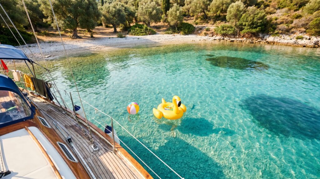 Family boat day shallow cove Corfu - SeaDreamers Calm shallow turquoise cove in Corfu with float and beach ball, ideal for a family boat day