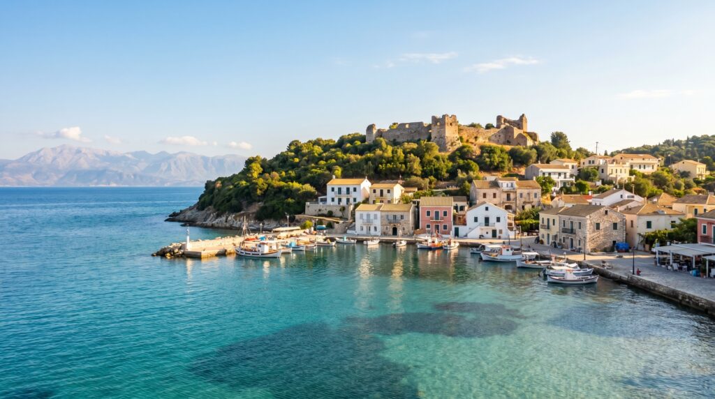 Kassiopi harbour and Byzantine castle on the northeast coast of Corfu, seen from a boat